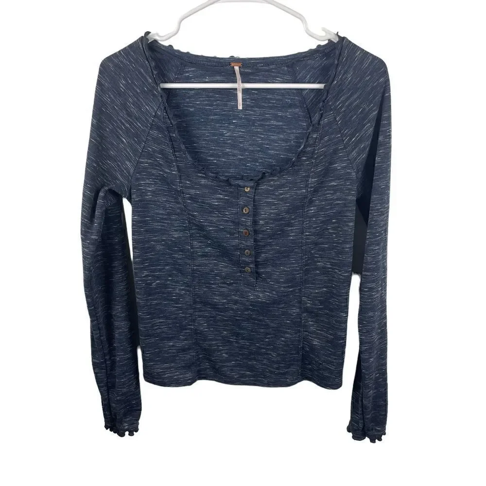 Free People‎ Lettuce Hem Ruffle Blue Henley Style Marled Shirt Size Small